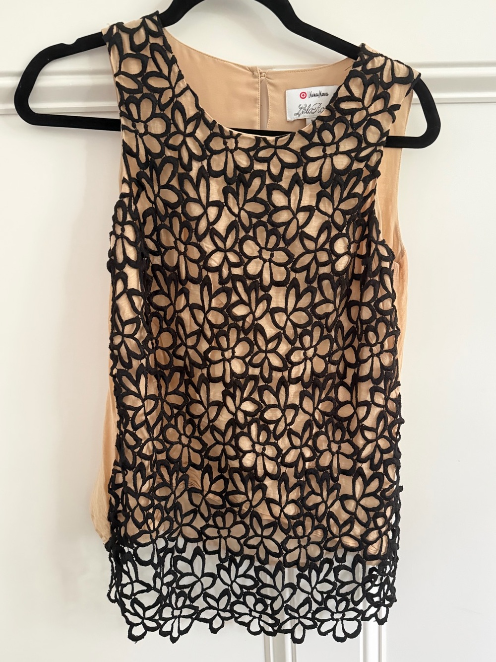 Lela Rose x Neiman Marcus Beige Shell with Black Floral Lace Overlay